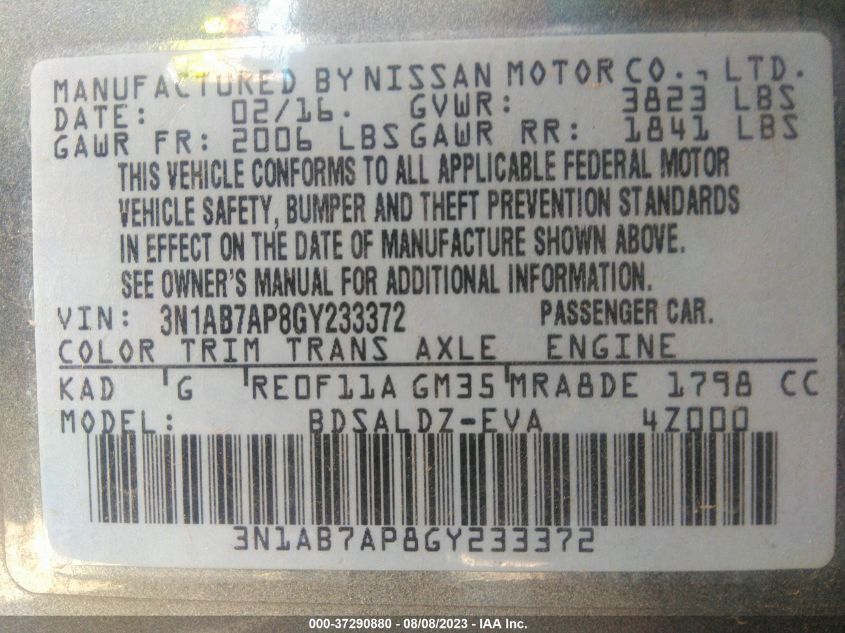 2016 NISSAN SENTRA SV - 3N1AB7AP8GY233372