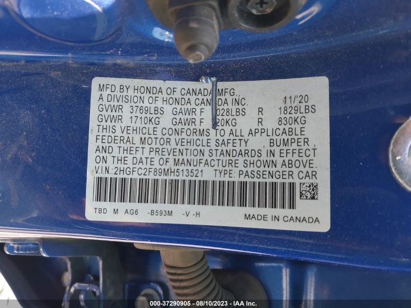 2021 HONDA CIVIC SEDAN SPORT - 2HGFC2F89MH513521