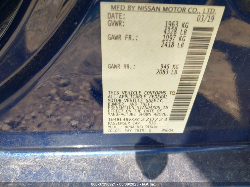 VIN 1N4BL4BVXKC220723 2019 NISSAN ALTIMA 2.5 S