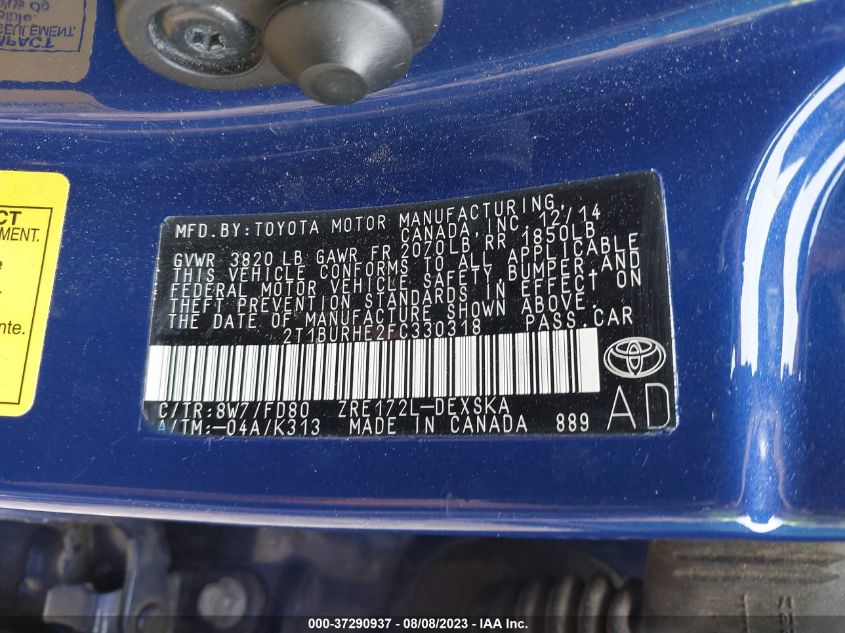 2015 TOYOTA COROLLA L/LE/S/S PLUS/LE PLUS - 2T1BURHE2FC330318