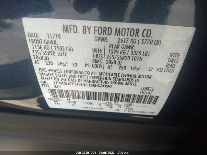 2020 FORD EXPLORER XLT - 1FMSK7DH4LGB42094