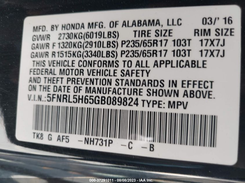 2016 HONDA ODYSSEY EX-L - 5FNRL5H65GB089824
