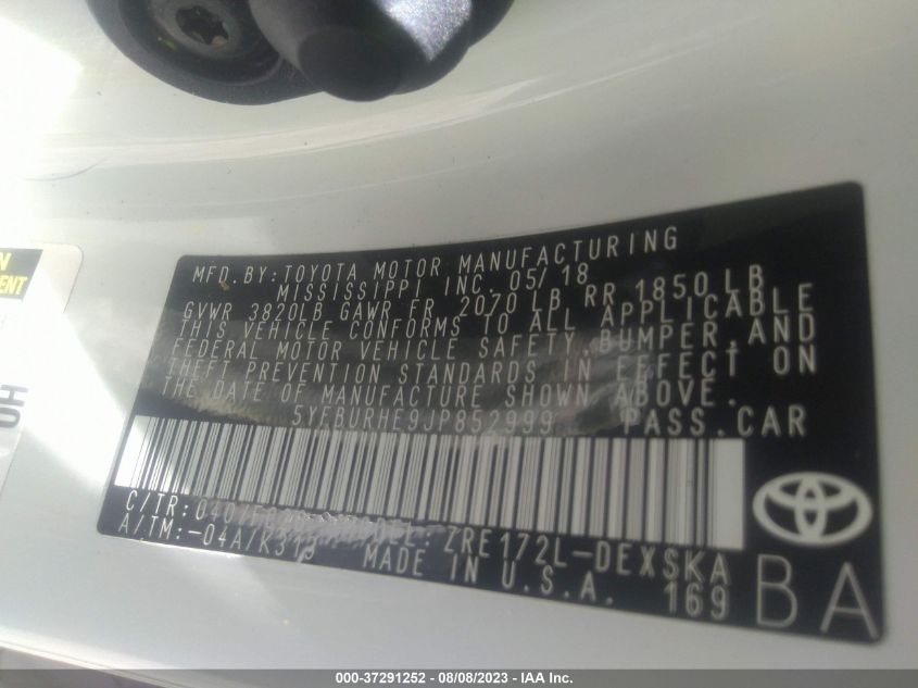 2018 TOYOTA COROLLA L/LE/XLE/SE/XSE - 5YFBURHE9JP852999