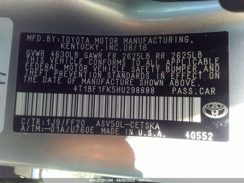 2017 TOYOTA CAMRY XLE/SE/LE/XSE - 4T1BF1FK5HU298888