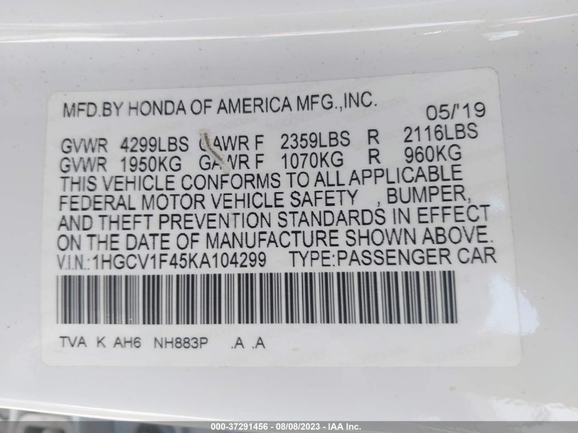 2019 HONDA ACCORD SEDAN EX 1.5T - 1HGCV1F45KA104299