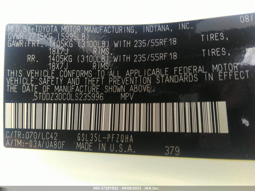 VIN 5TDDZ3DC0LS235996 2020 TOYOTA SIENNA XLE