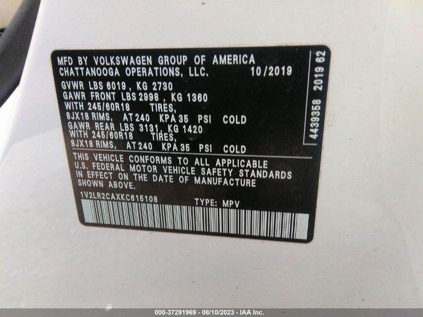 2019 VOLKSWAGEN ATLAS 3.6L V6 SE - 1V2LR2CAXKC615108