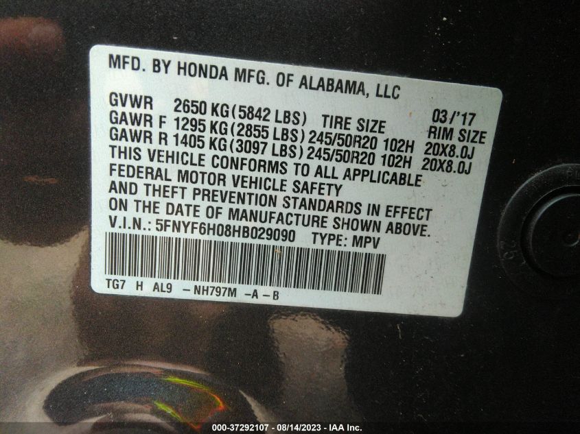 2017 HONDA PILOT ELITE - 5FNYF6H08HB029090