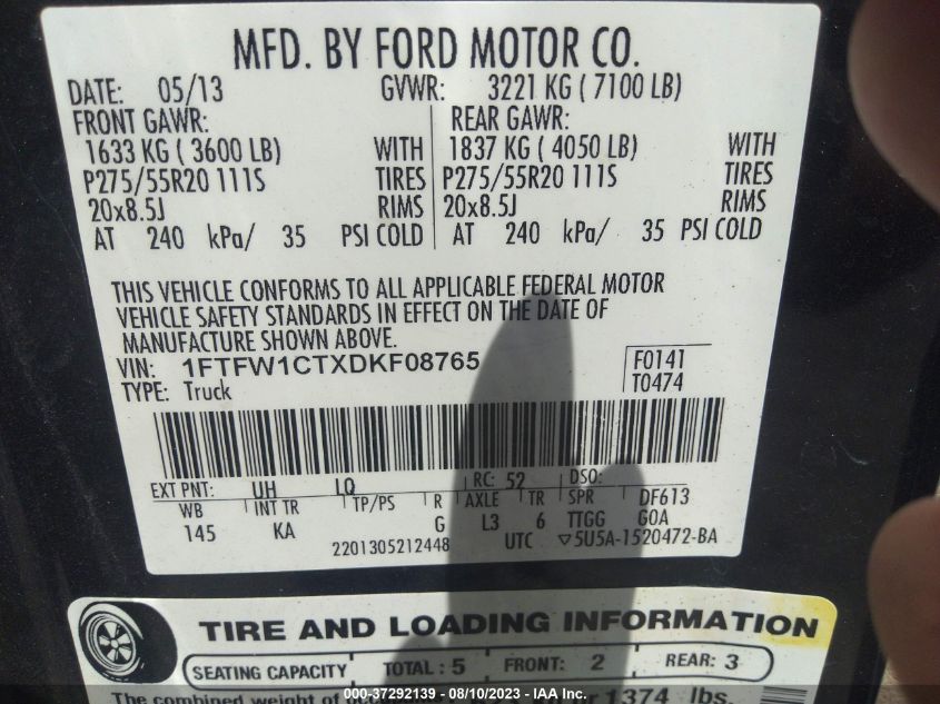2013 FORD F-150 XL/XLT/FX2/LARIAT - 1FTFW1CTXDKF08765