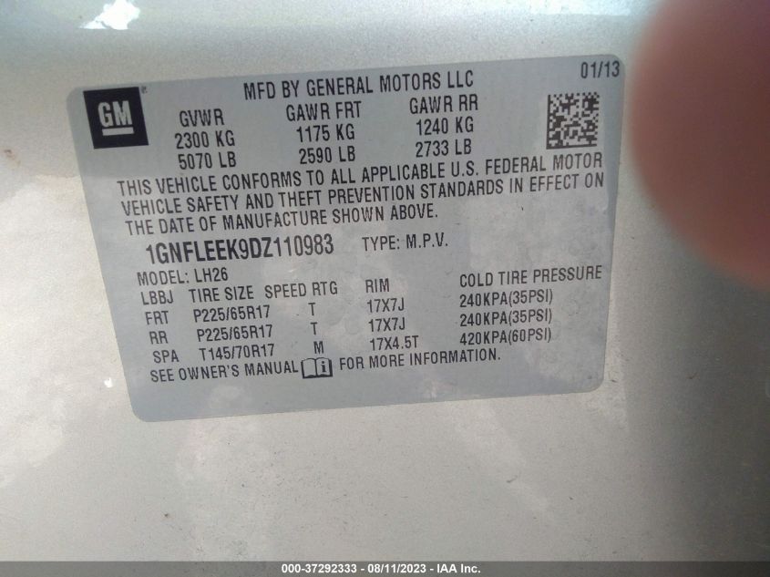 2013 CHEVROLET EQUINOX LT - 1GNFLEEK9DZ110983