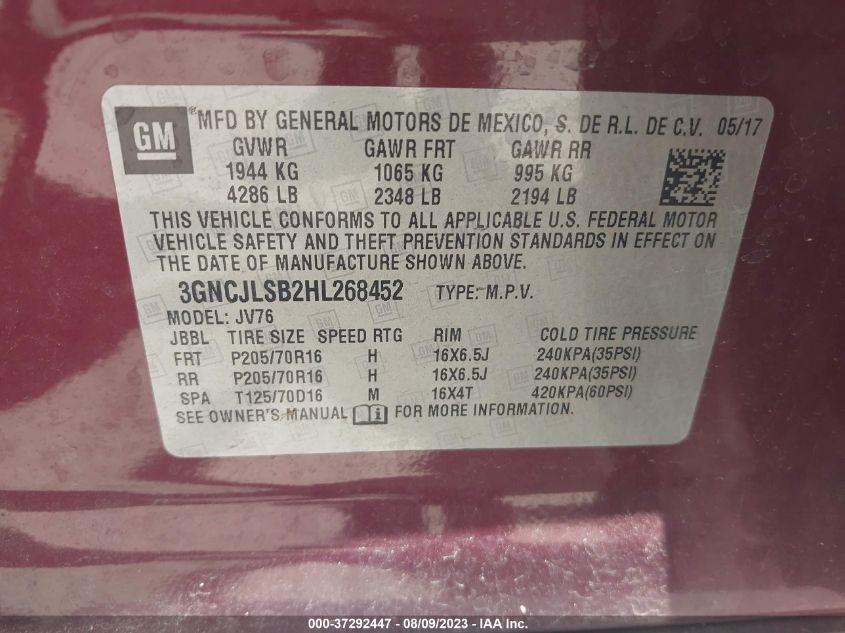 2017 CHEVROLET TRAX LT - 3GNCJLSB2HL268452