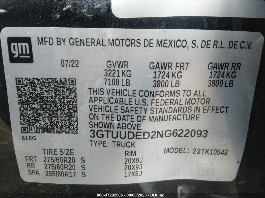 2022 GMC SIERRA 1500 SLT - 3GTUUDED2NG622093