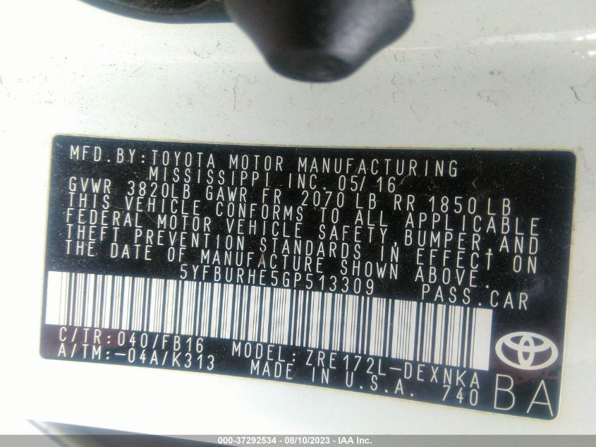 2016 TOYOTA COROLLA L/LE/S/S PLUS/LE PLUS - 5YFBURHE5GP513309