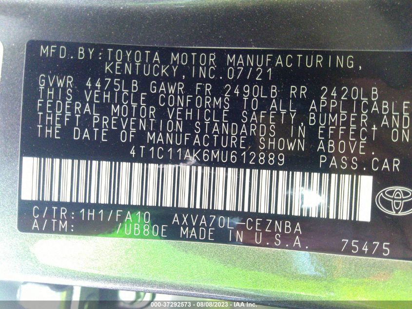 4T1C11AK6MU612889 Toyota Camry LE 9