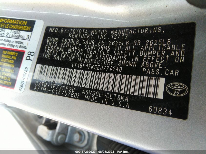2014 TOYOTA CAMRY L/LE/XLE/SE/SE SPORT - 4T1BF1FK6EU774240