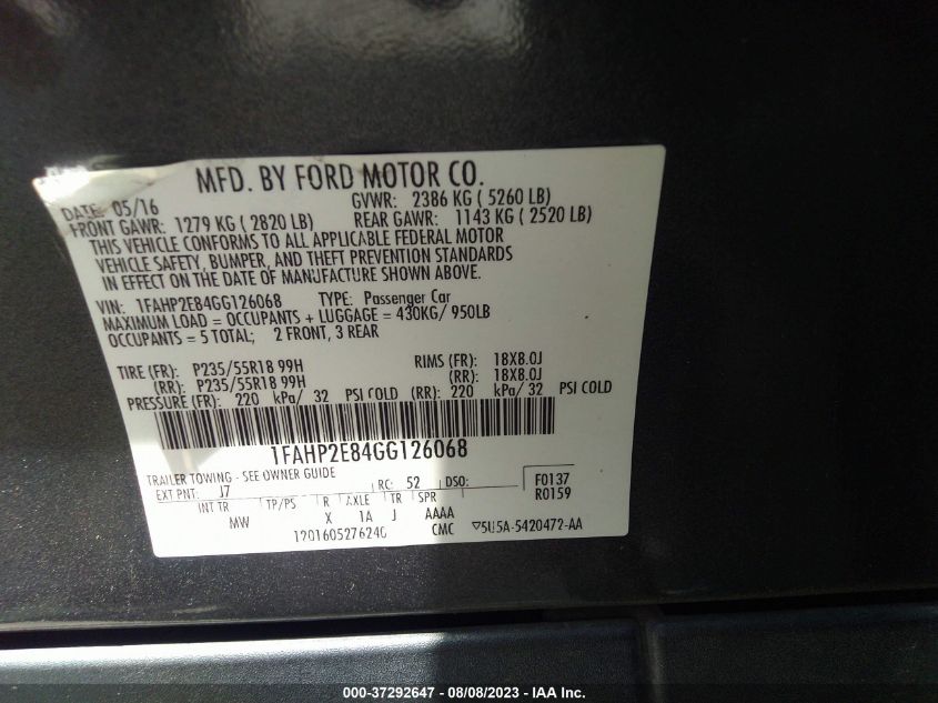 2016 FORD TAURUS SEL - 1FAHP2E84GG126068