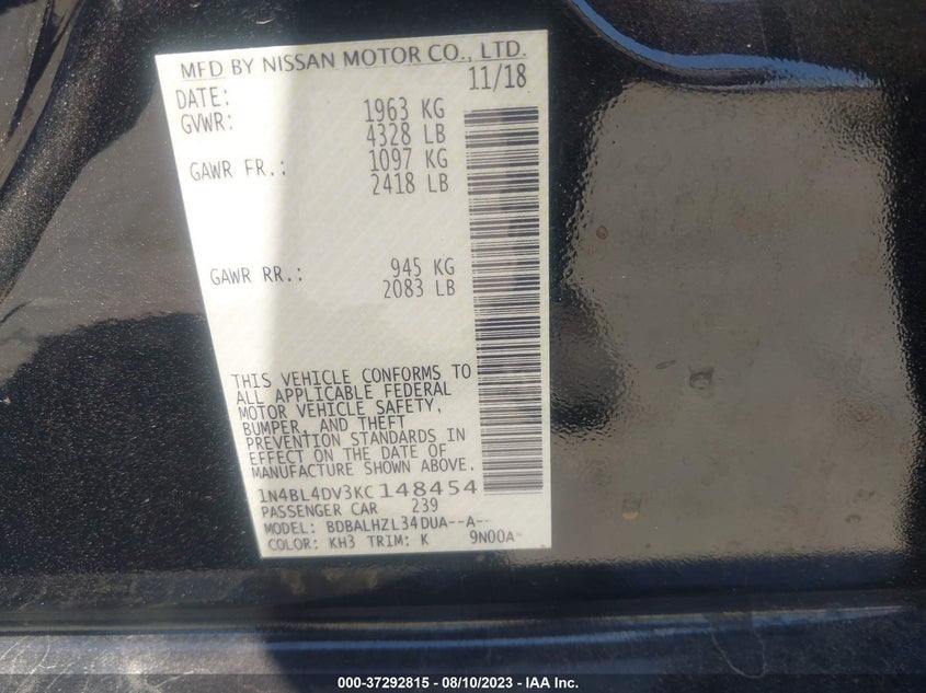 VIN 1N4BL4DV3KC148454 2019 NISSAN ALTIMA SV