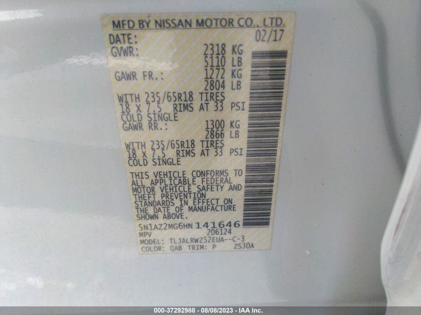 2017 NISSAN MURANO SL - 5N1AZ2MG6HN141646