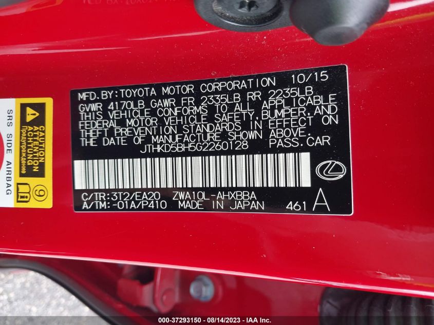 2016 LEXUS CT 200H HYBRID - JTHKD5BH5G2260128
