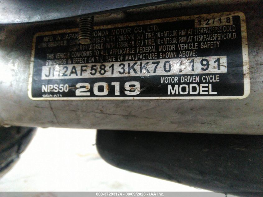 2019 HONDA NPS50 JH2AF5813KK701191