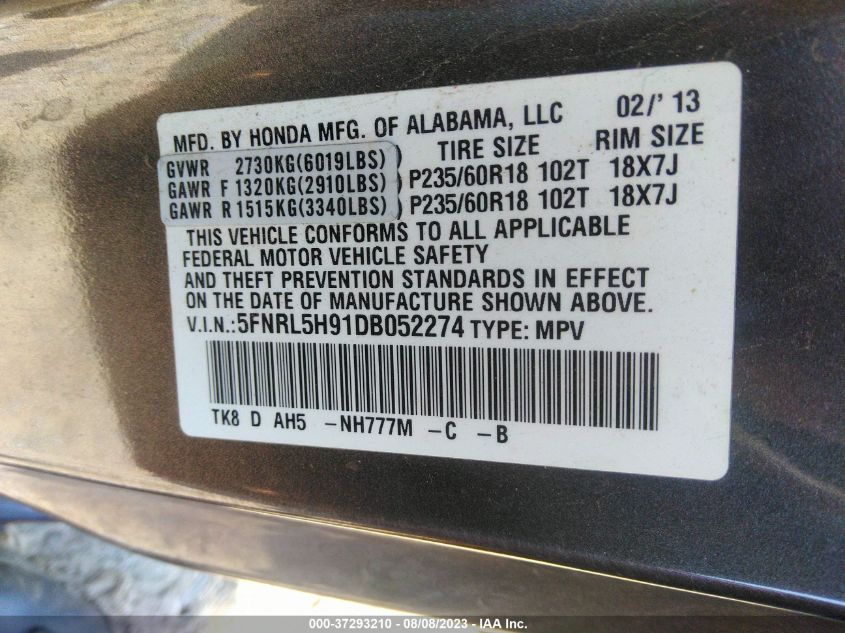 2013 HONDA ODYSSEY TOURING - 5FNRL5H91DB052274