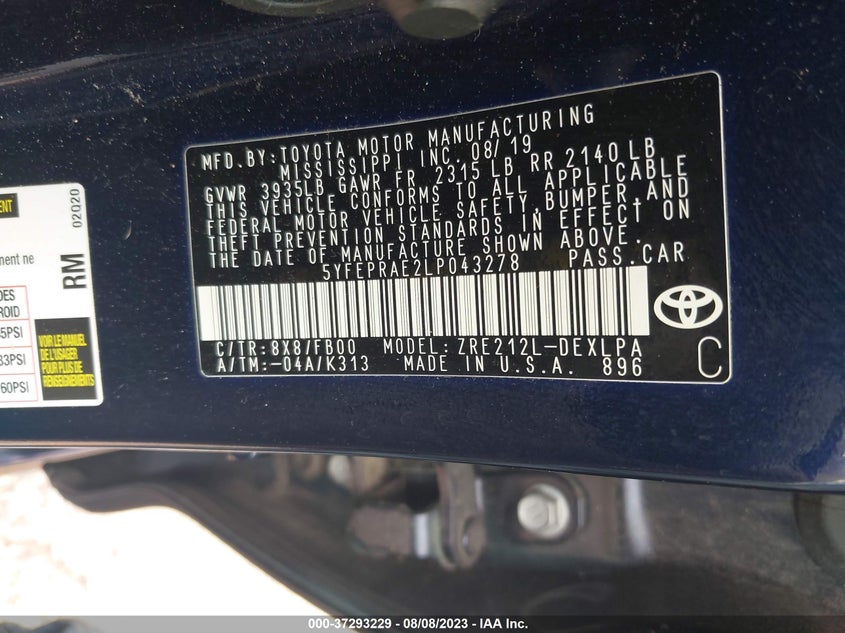 VIN 5YFEPRAE2LP043278 2020 TOYOTA COROLLA LE