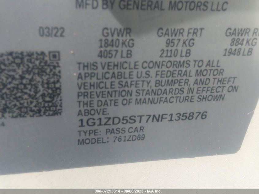 2022 CHEVROLET MALIBU LT - 1G1ZD5ST7NF135876