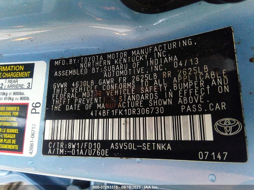 2013 TOYOTA CAMRY L/LE/SE/XLE - 4T4BF1FK1DR306730