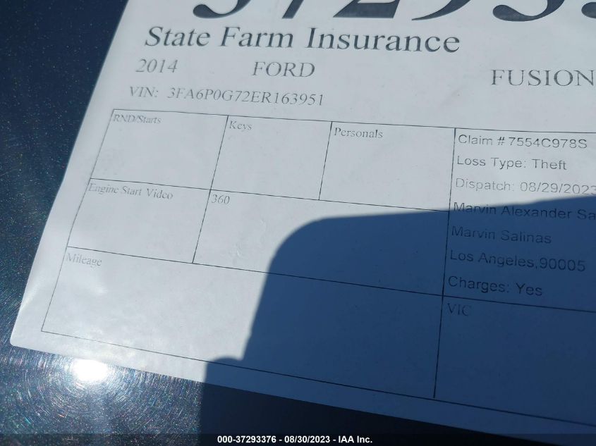 2014 FORD FUSION S - 3FA6P0G72ER163951