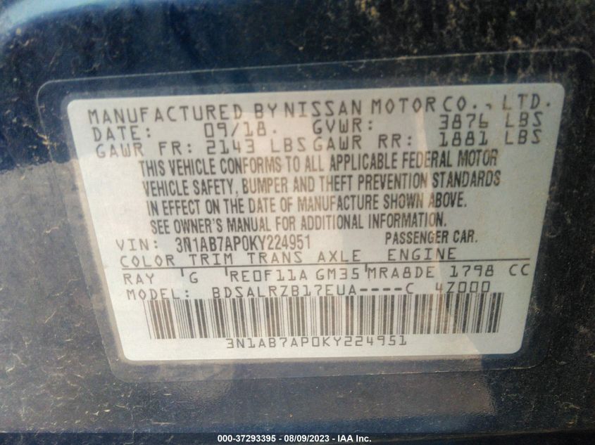 2019 NISSAN SENTRA S/SV/SR/SL - 3N1AB7AP0KY224951