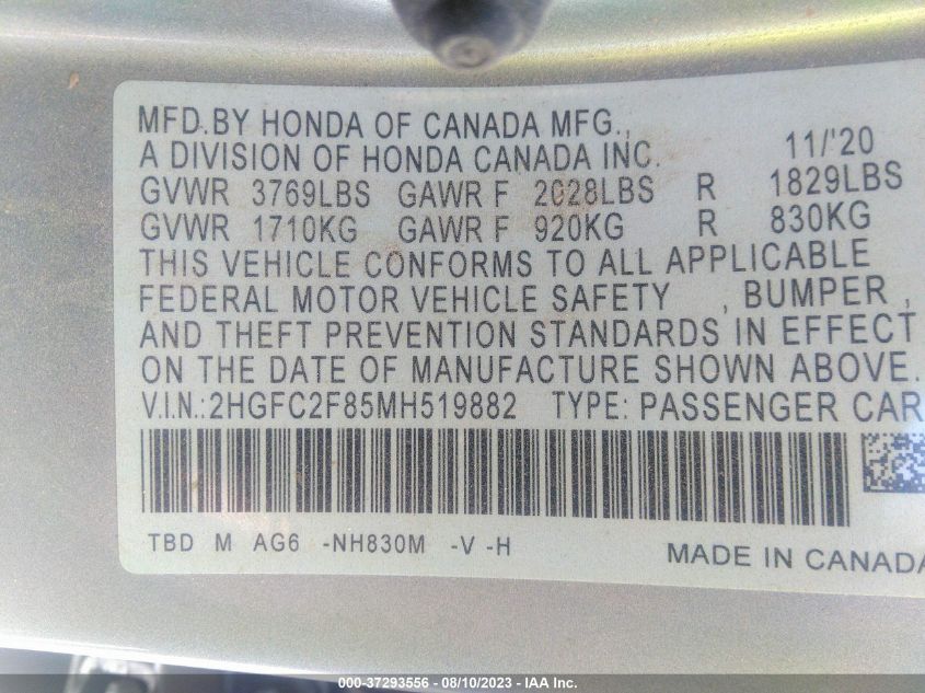 2021 HONDA CIVIC SEDAN SPORT - 2HGFC2F85MH519882