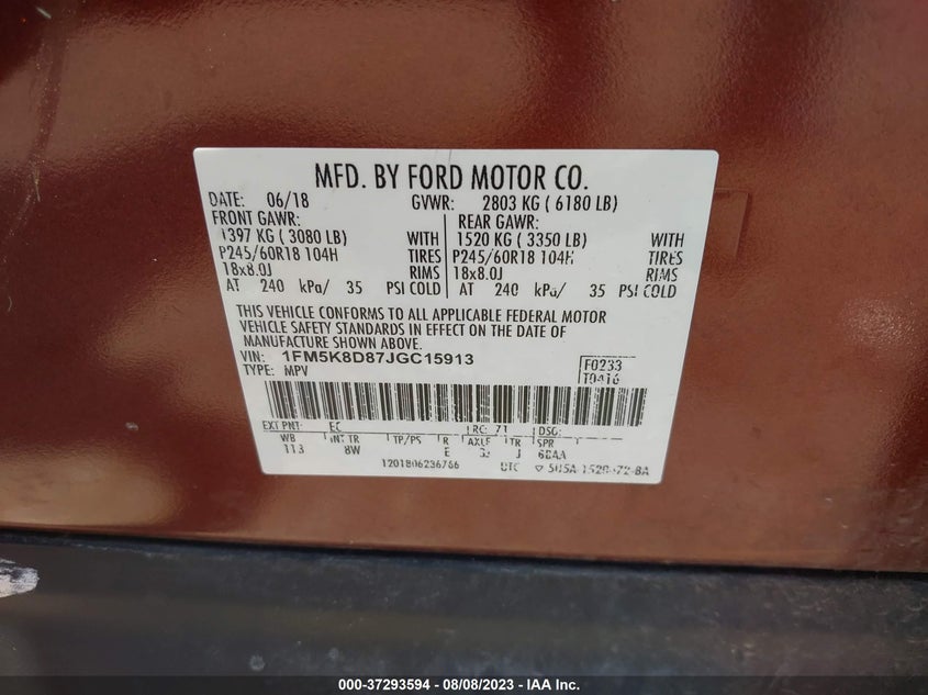 VIN 1FM5K8D87JGC15913 2018 FORD EXPLORER XLT