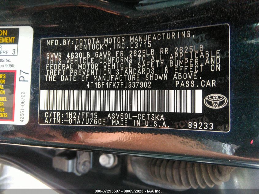2015 TOYOTA CAMRY XLE/SE/LE/XSE - 4T1BF1FK7FU937902