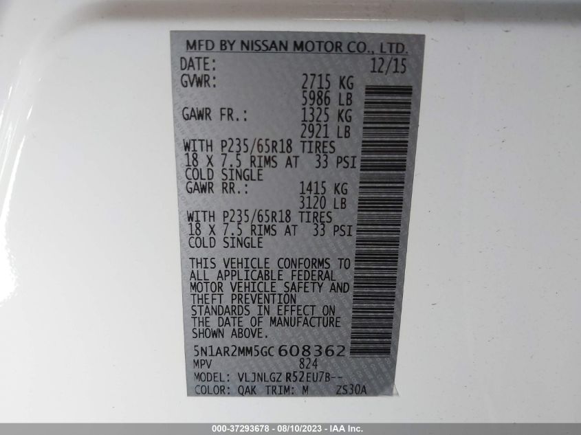 2016 NISSAN PATHFINDER SL - 5N1AR2MM5GC608362