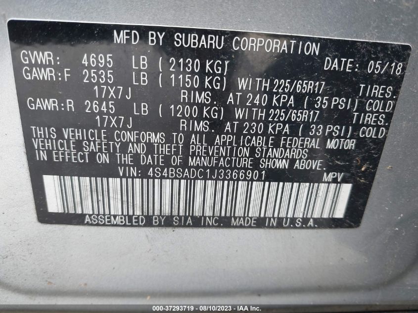 2018 SUBARU OUTBACK PREMIUM - 4S4BSADC1J3366901