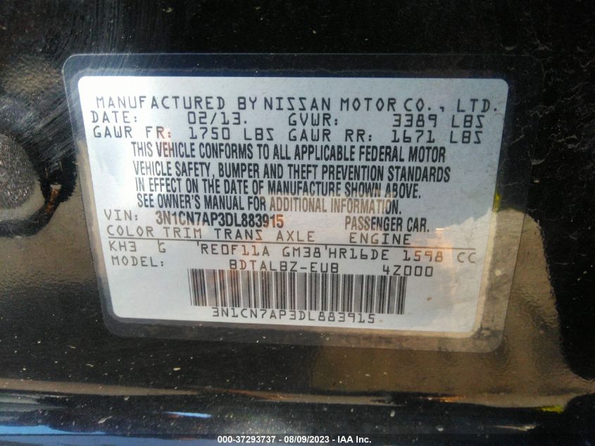 2013 NISSAN VERSA SV - 3N1CN7AP3DL883915