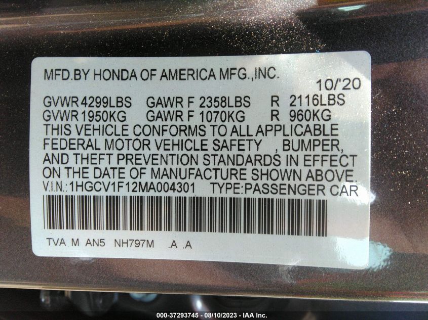 2021 HONDA ACCORD SEDAN LX - 1HGCV1F12MA004301