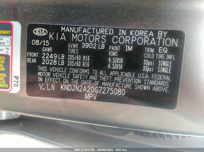 2016 KIA SOUL BASE - KNDJN2A20G7275080