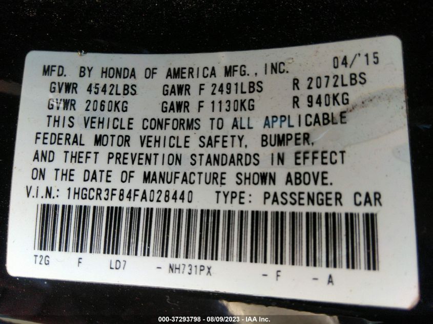 2015 HONDA ACCORD EX-L V-6 - 1HGCR3F84FA028440