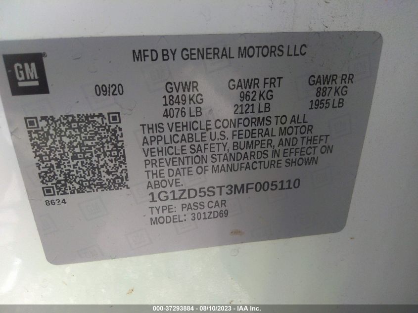 2021 CHEVROLET MALIBU LT - 1G1ZD5ST3MF005110