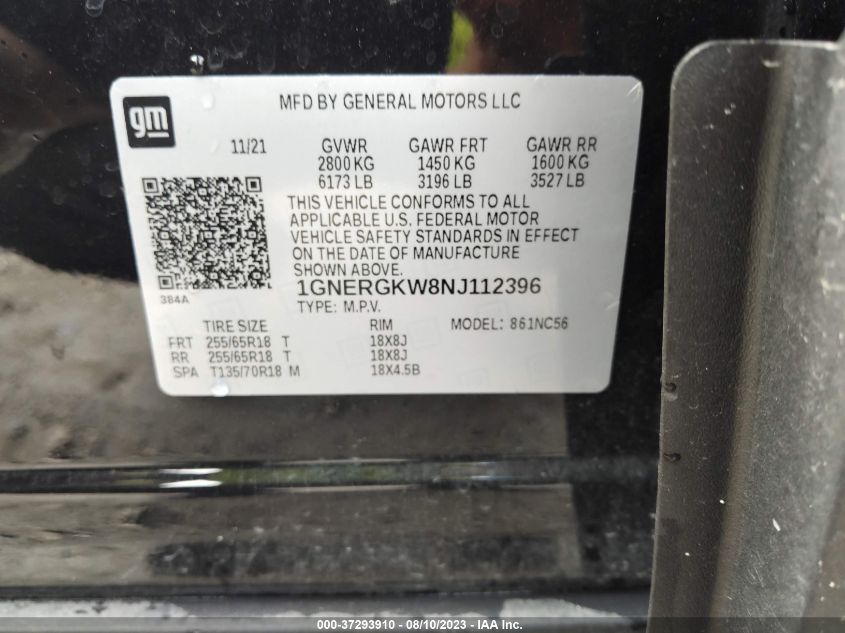 2022 CHEVROLET TRAVERSE LT CLOTH - 1GNERGKW8NJ112396
