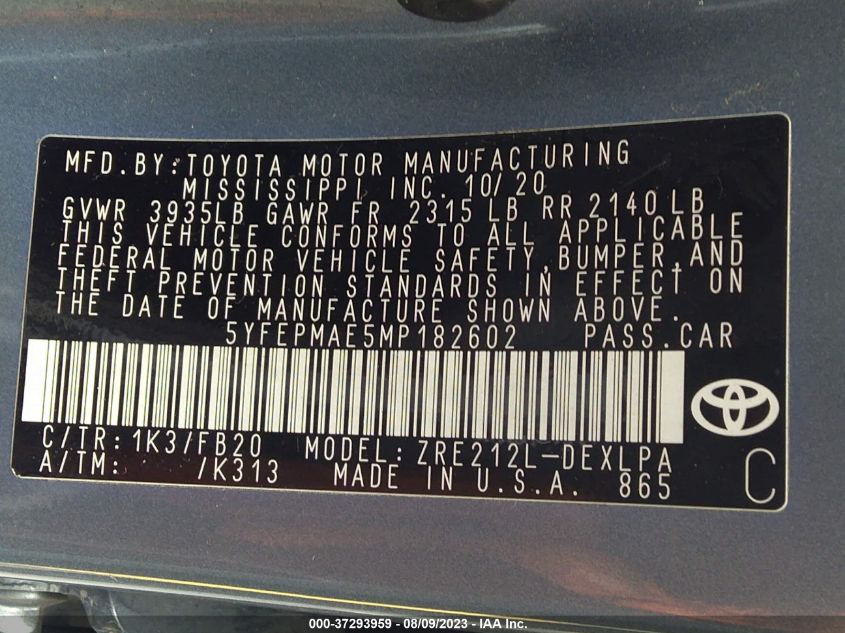 2021 TOYOTA COROLLA LE - 5YFEPMAE5MP182602