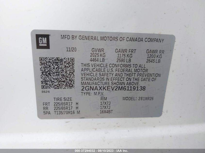 2021 CHEVROLET EQUINOX LT - 2GNAXKEV2M6119138