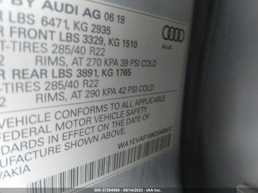 2019 AUDI Q8 PREMIUM PLUS WA1EVAF16KD043812