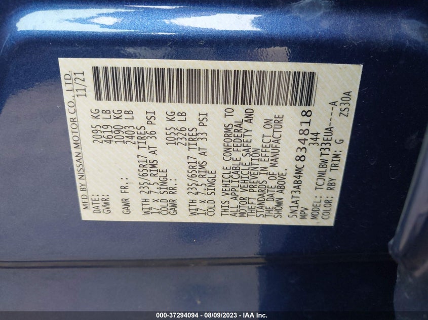 VIN 5N1AT3AB4MC834818 2021 NISSAN ROGUE S