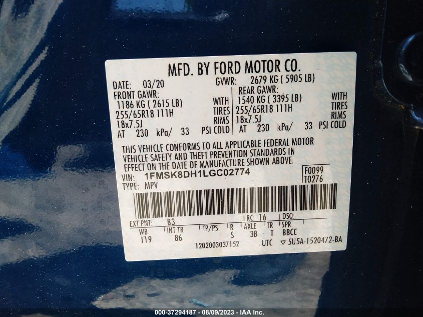 2020 FORD EXPLORER XLT - 1FMSK8DH1LGC02774