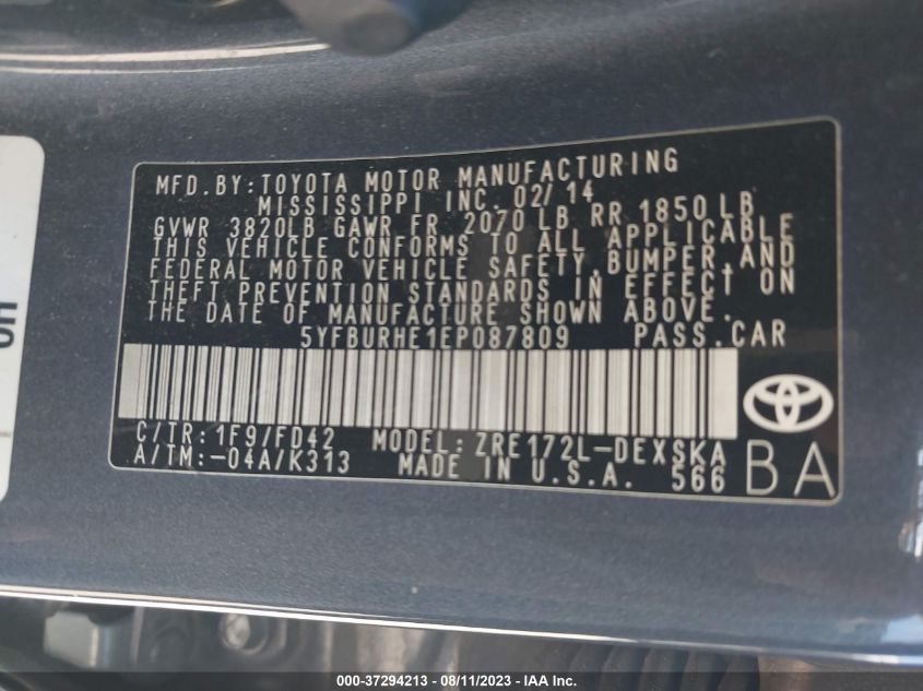 2014 TOYOTA COROLLA L/LE/S/S PLUS/LE PLUS - 5YFBURHE1EP087809