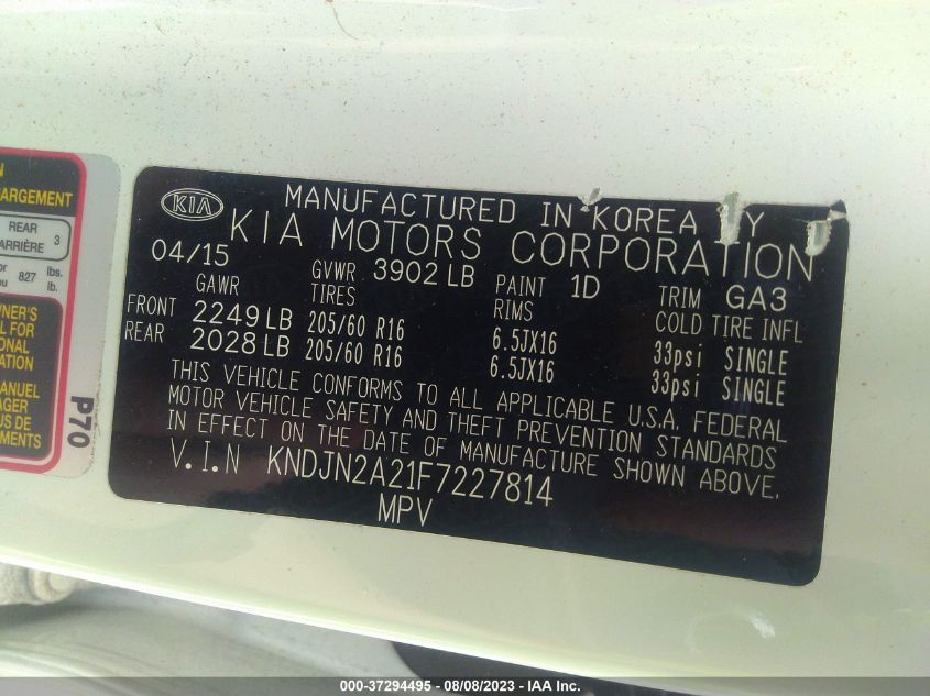 2015 KIA SOUL BASE - KNDJN2A21F7227814