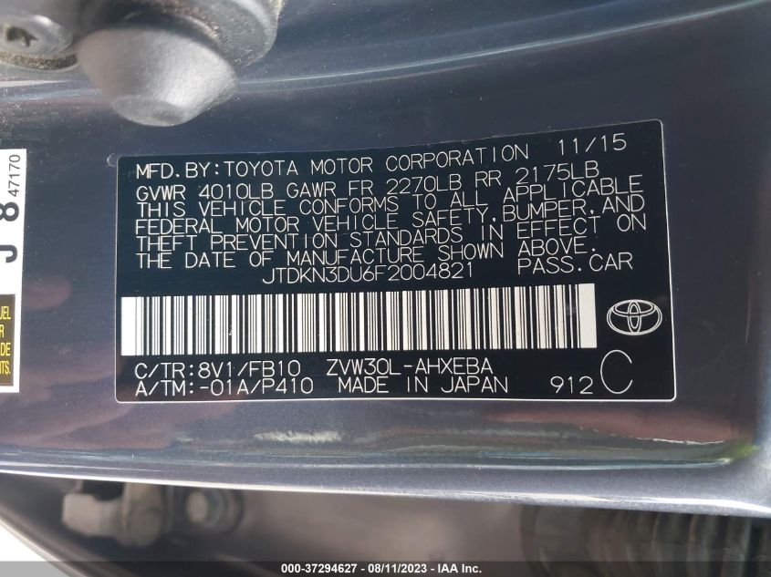 2015 TOYOTA PRIUS FOUR - JTDKN3DU6F2004821