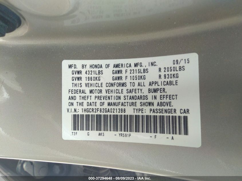 2016 HONDA ACCORD SEDAN EX-L - 1HGCR2F82GA021398
